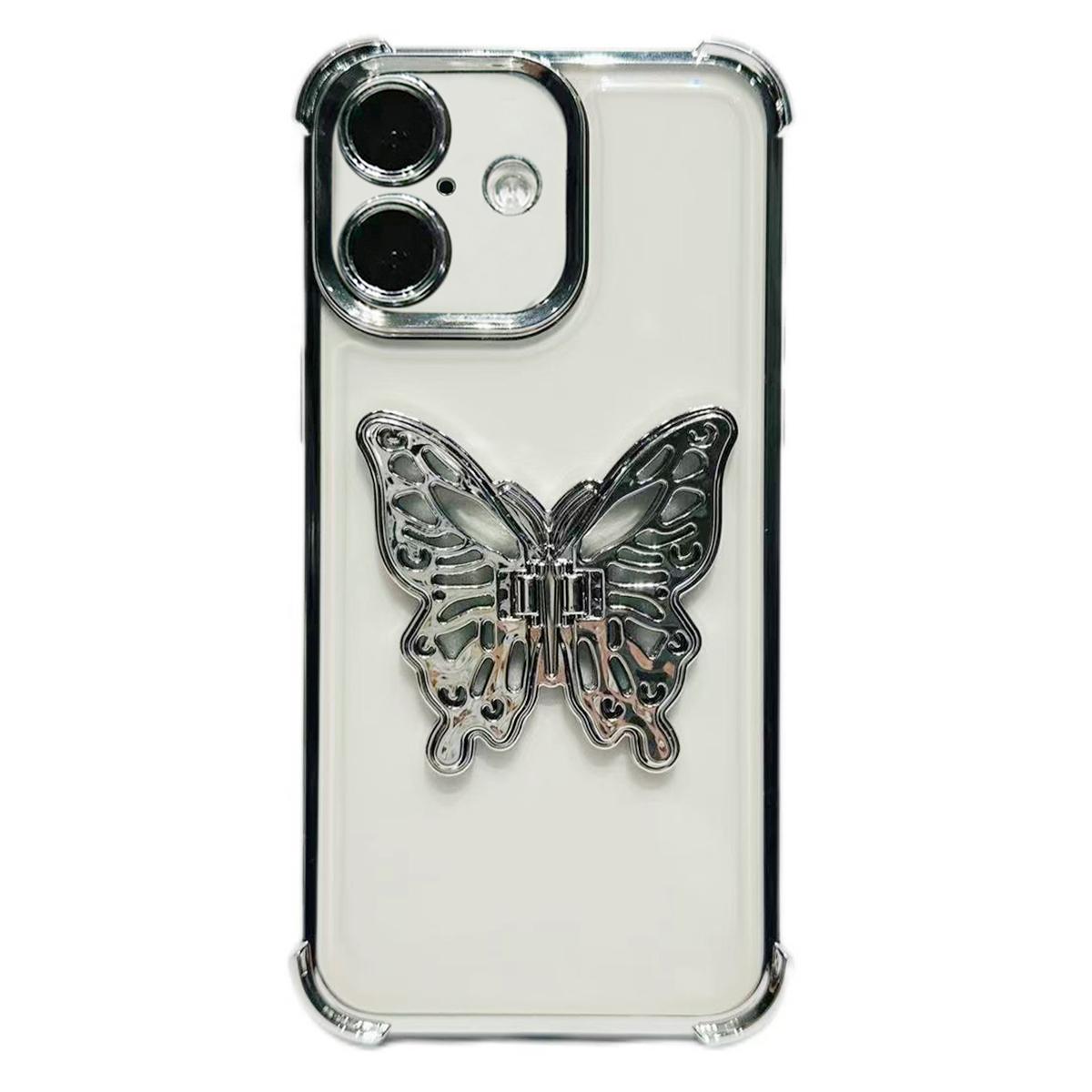 For iPhone 17 Electrpolated 3D Butterfly Holder TPU Phone Case(Silver) - Shopkiz.com