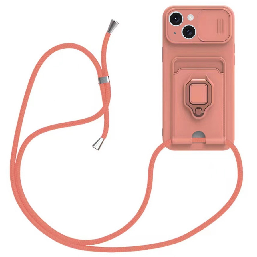 For iPhone 15 Plus Sliding Camshield Magnetic Card Holder Silicone Phone Case with Lanyard(Pink) - Shopkiz.com