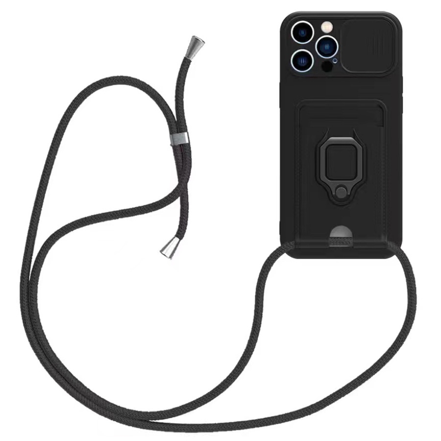 For iPhone 14 Pro Max Sliding Camshield Magnetic Card Holder Silicone Phone Case with Lanyard(Black) - Shopkiz.com