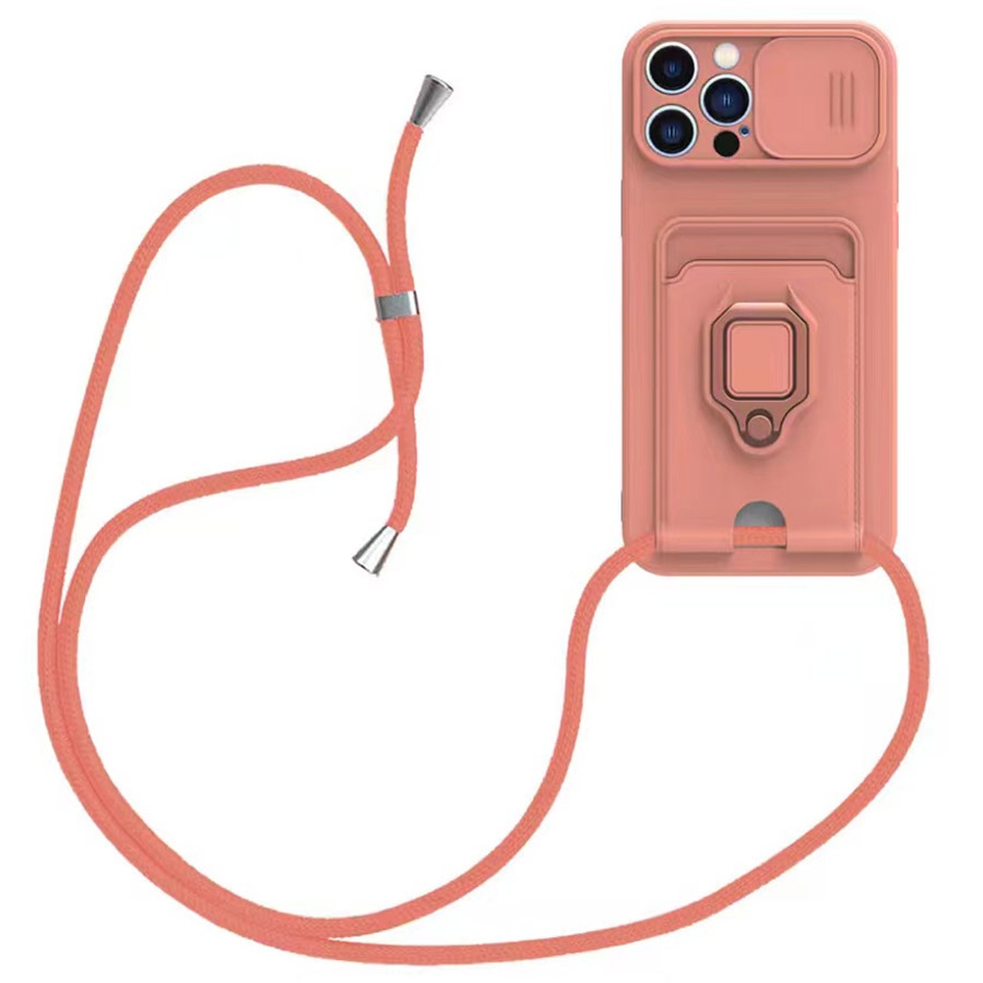 For iPhone 13 Pro Sliding Camshield Magnetic Card Holder Silicone Phone Case with Lanyard(Pink) - Shopkiz.com