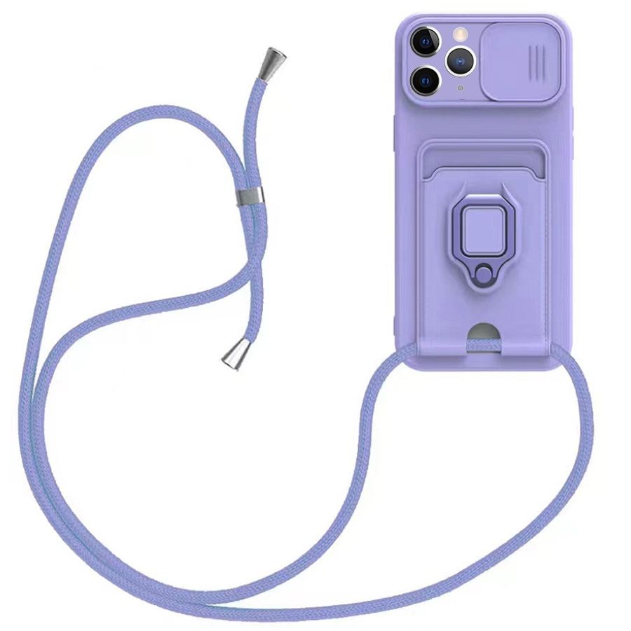 For iPhone 11 Pro Max Sliding Camshield Magnetic Card Holder Silicone Phone Case with Lanyard(Light Purple) - Shopkiz.com