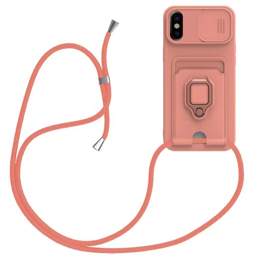 For iPhone X / XS Sliding Camshield Magnetic Card Holder Silicone Phone Case with Lanyard(Pink) - Shopkiz.com