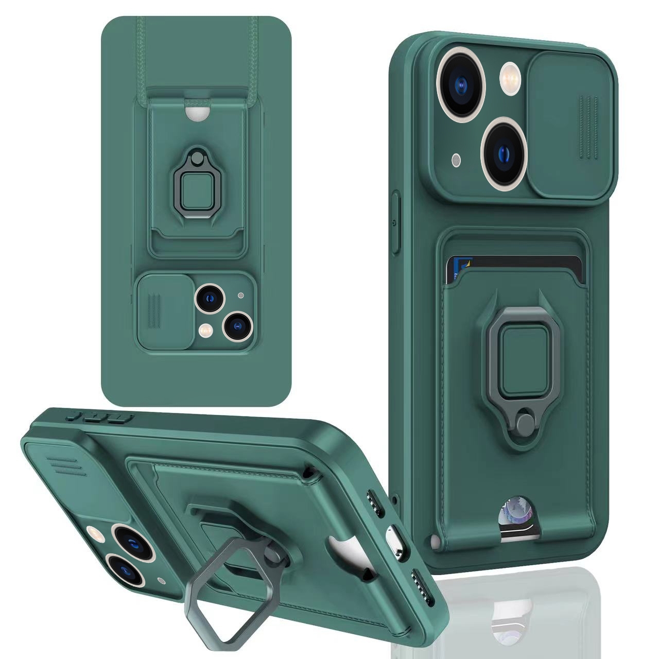For iPhone 14 Sliding Camshield Magnetic Card Holder Silicone Phone Case(Dark Night Green) - Shopkiz.com