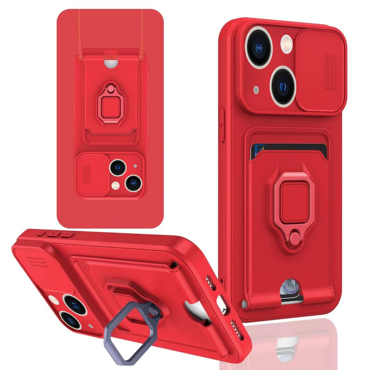 For iPhone 13 Sliding Camshield Magnetic Card Holder Silicone Phone Case(Red) - Shopkiz.com