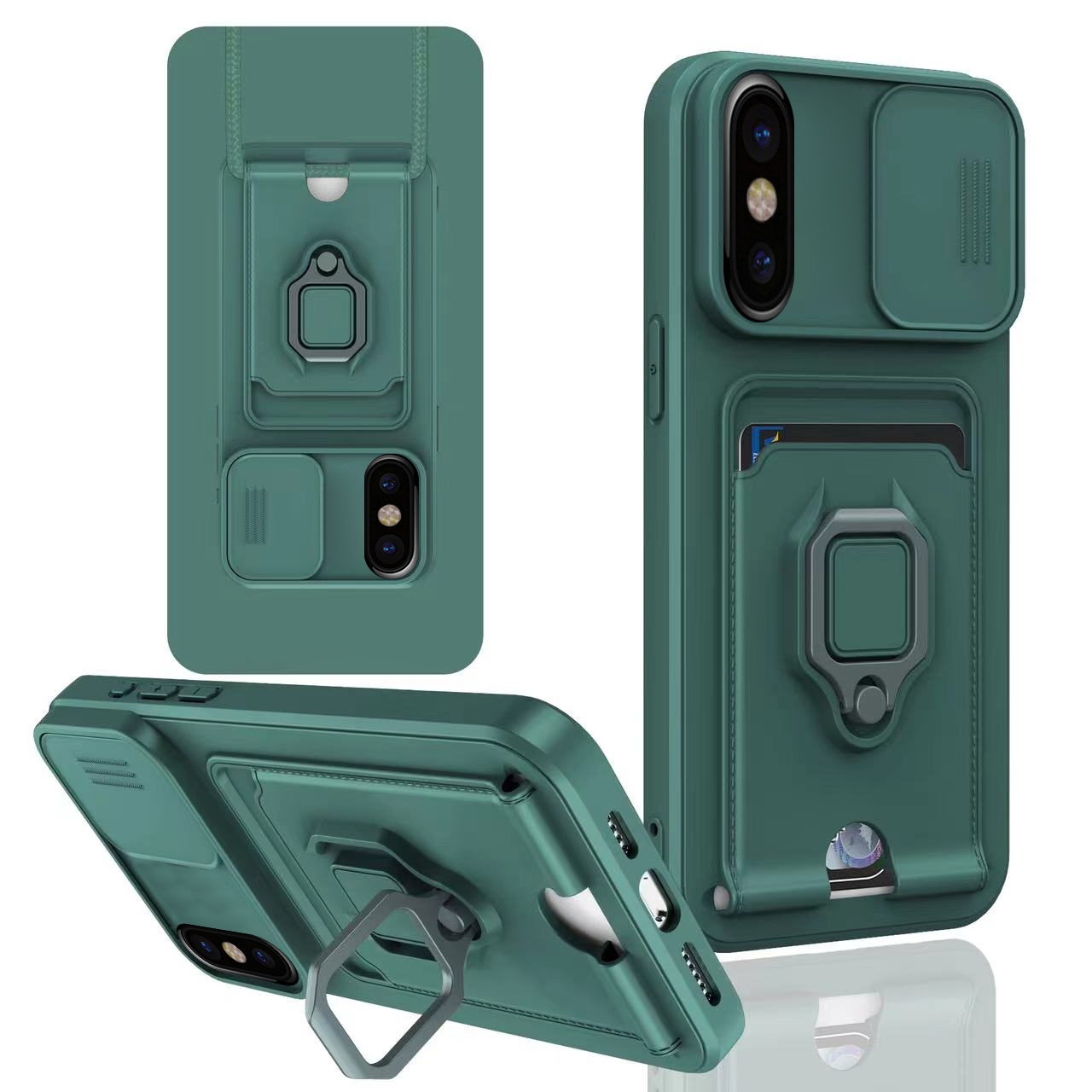 For iPhone X / XSS Sliding Camshield Magnetic Card Holder Silicone Phone Case(Dark Night Green) - Shopkiz.com