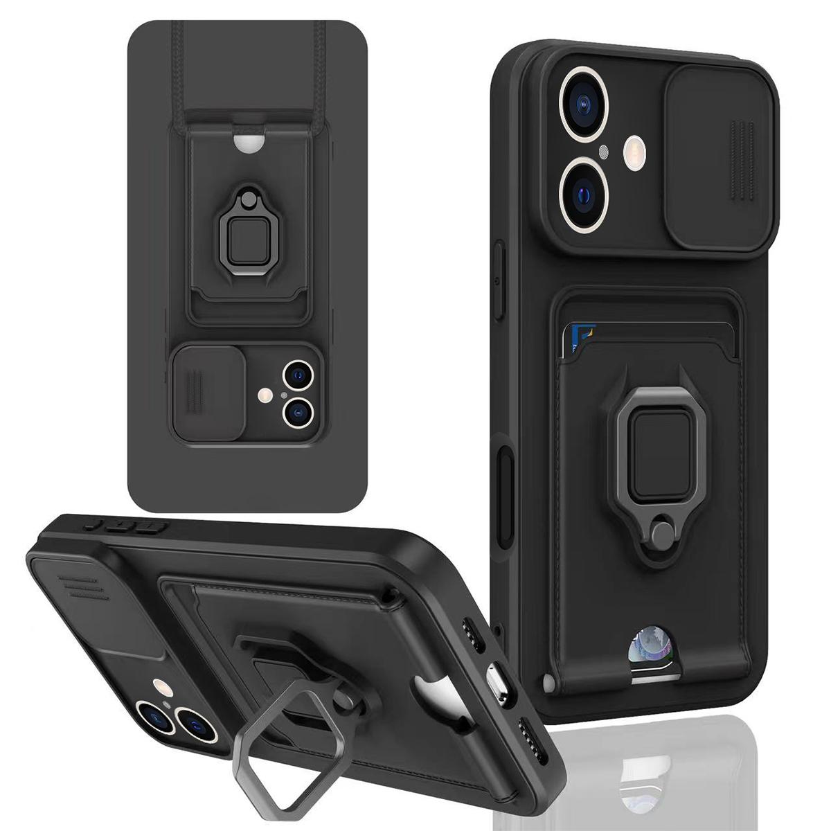 For iPhone 16 Sliding Camshield Magnetic Card Holder Silicone Phone Case(Black) - Shopkiz.com