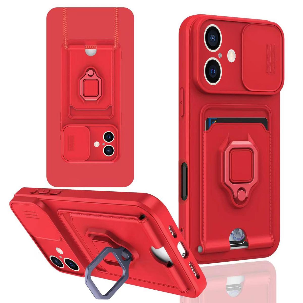 For iPhone 16 Sliding Camshield Magnetic Card Holder Silicone Phone Case(Red) - Shopkiz.com