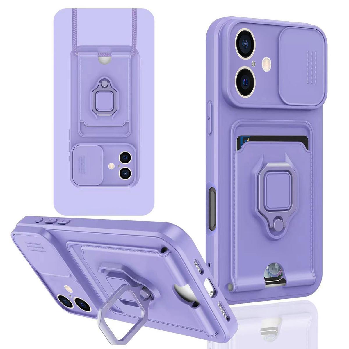 For iPhone 16 Plus Sliding Camshield Magnetic Card Holder Silicone Phone Case(Light Purple) - Shopkiz.com