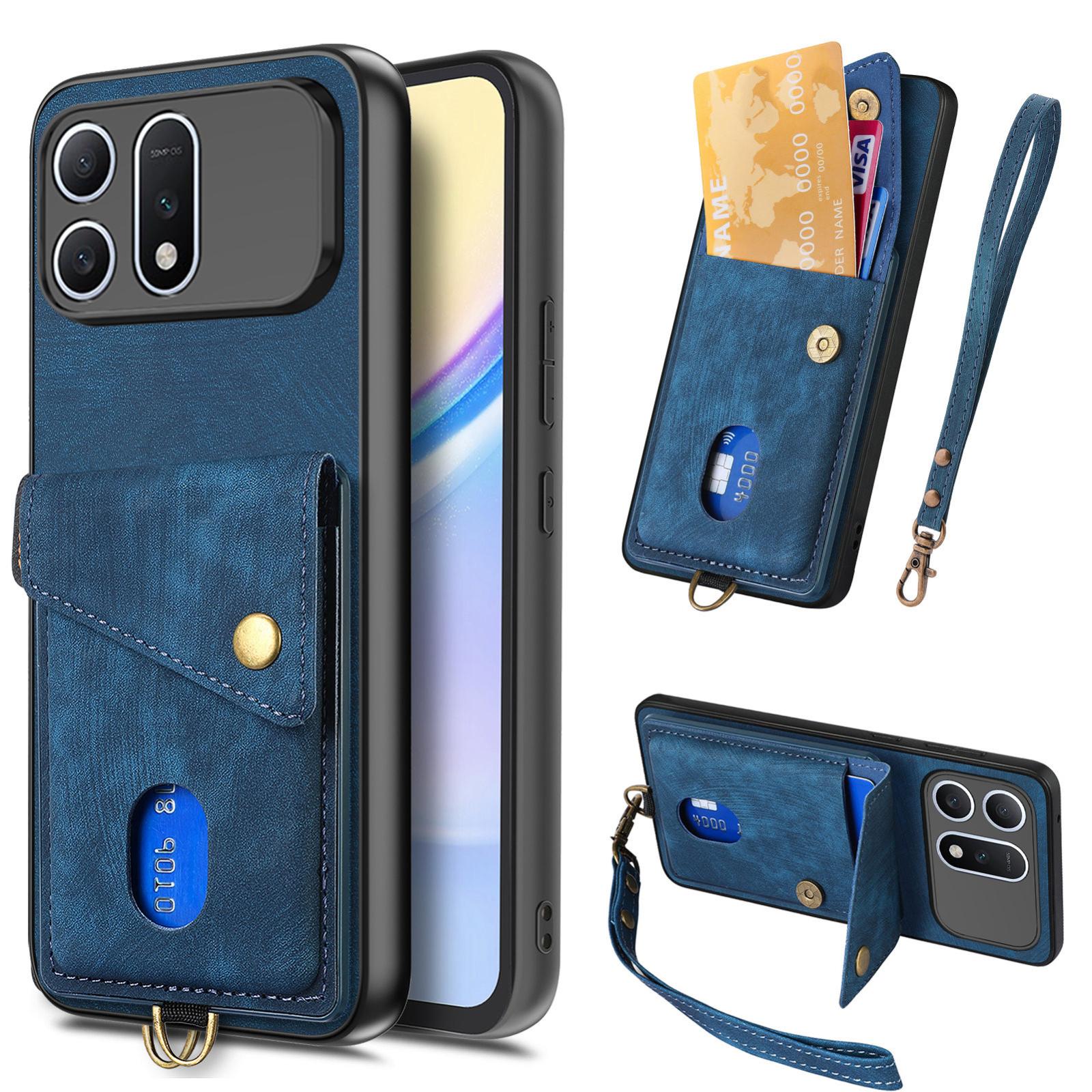 For Honor Win Turbo 5G Retro Card Wallet Fold Leather Phone Case with Strap(Blue) - Shopkiz.com