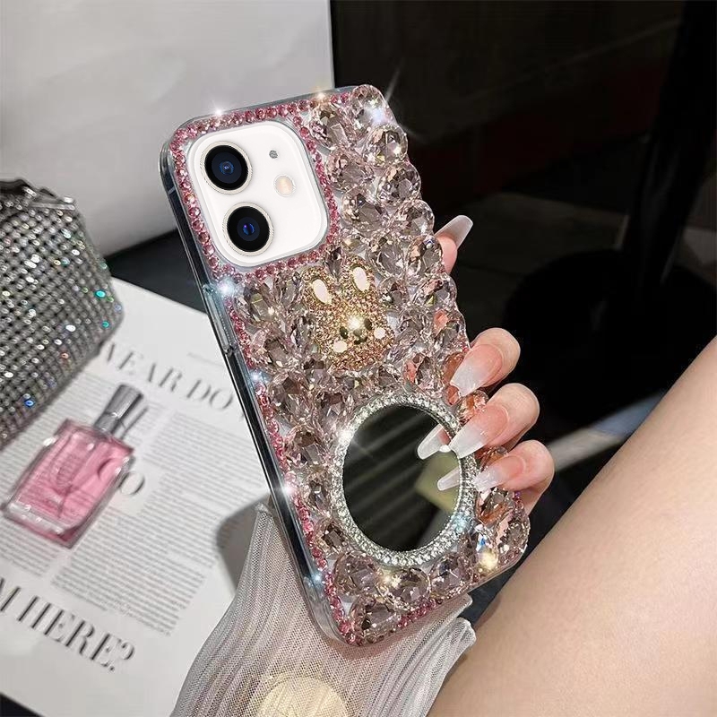 For iPhone 12 mini Diamond Mirror Rabbit Handmade PC Phone Case(Pink Round Mirror)