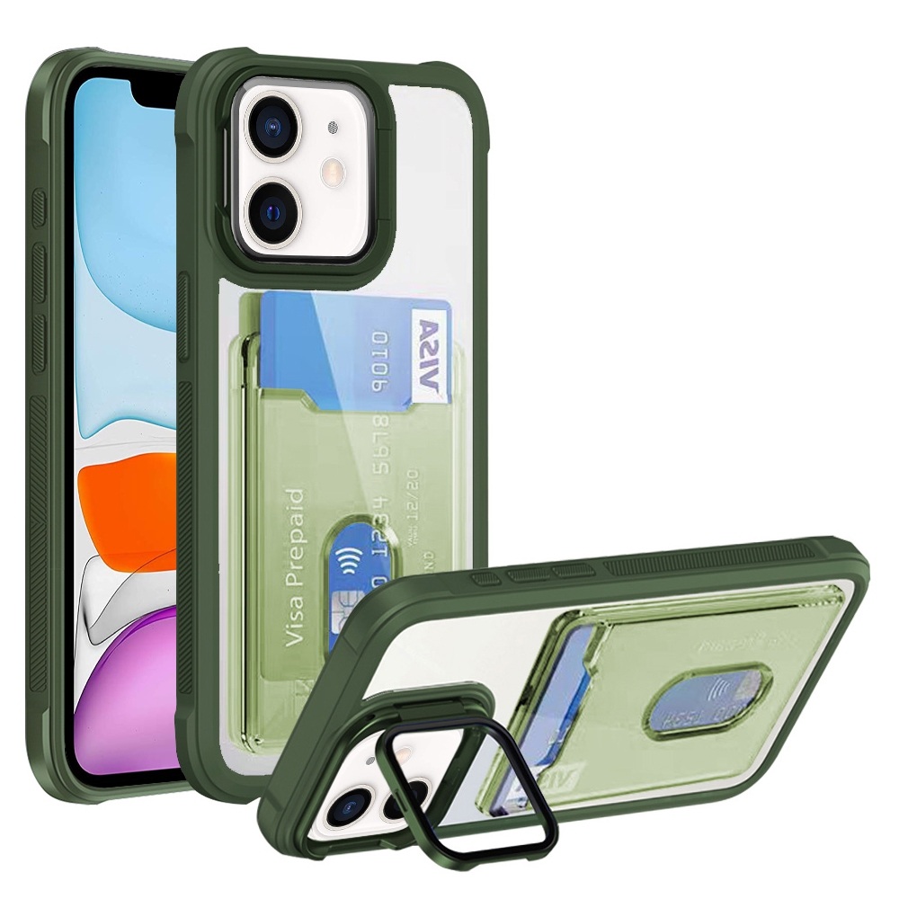 For iPhone 11 Card Bag Holder Acrylic Hybrid TPU Phone Case(Green) - Shopkiz.com