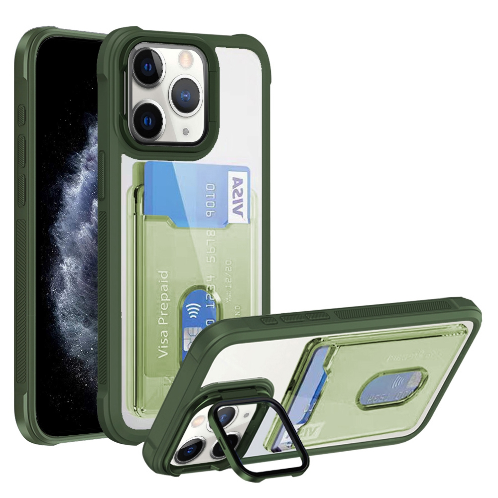 For iPhone 11 Pro Max Card Bag Holder Acrylic Hybrid TPU Phone Case(Green) - Shopkiz.com