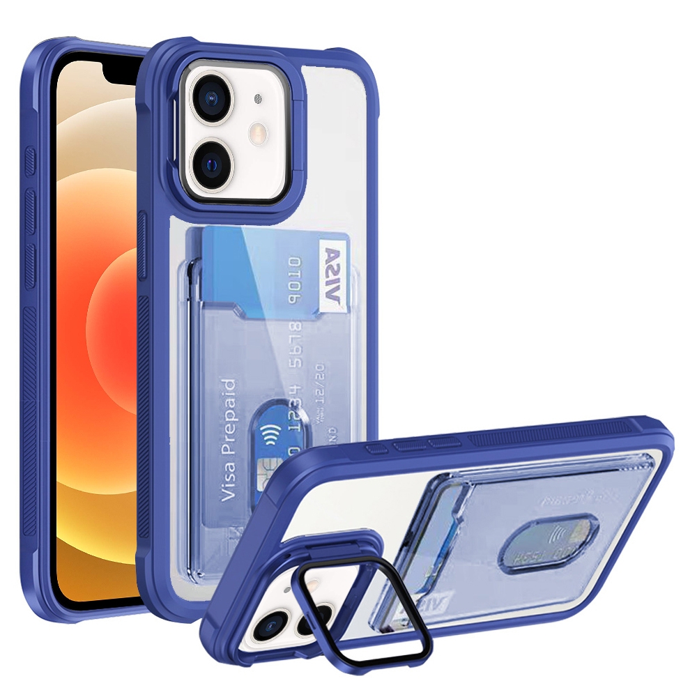 For iPhone 12 Card Bag Holder Acrylic Hybrid TPU Phone Case(Blue) - Shopkiz.com