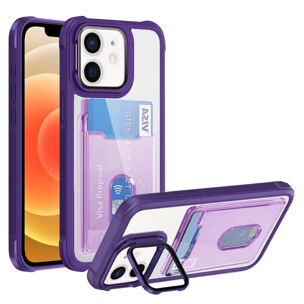 For iPhone 12 Card Bag Holder Acrylic Hybrid TPU Phone Case(Purple) - Shopkiz.com