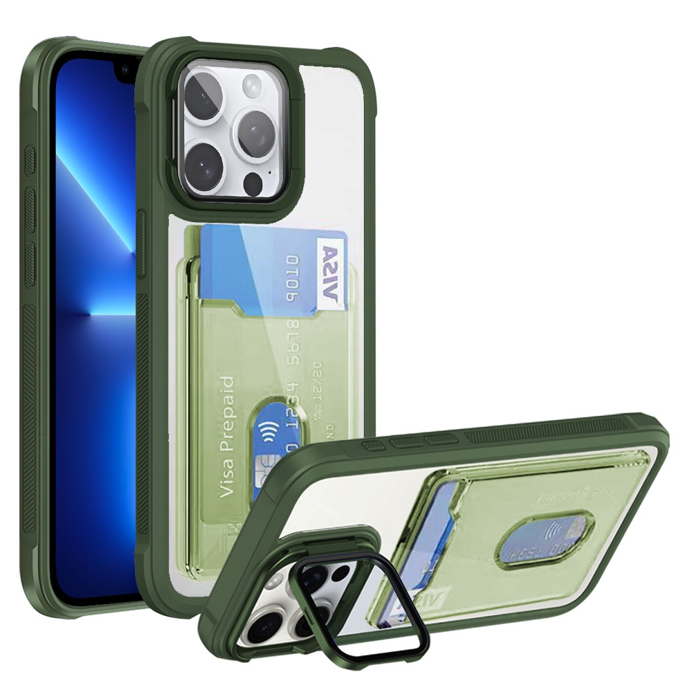 For iPhone 13 Pro Card Bag Holder Acrylic Hybrid TPU Phone Case(Green) - Shopkiz.com