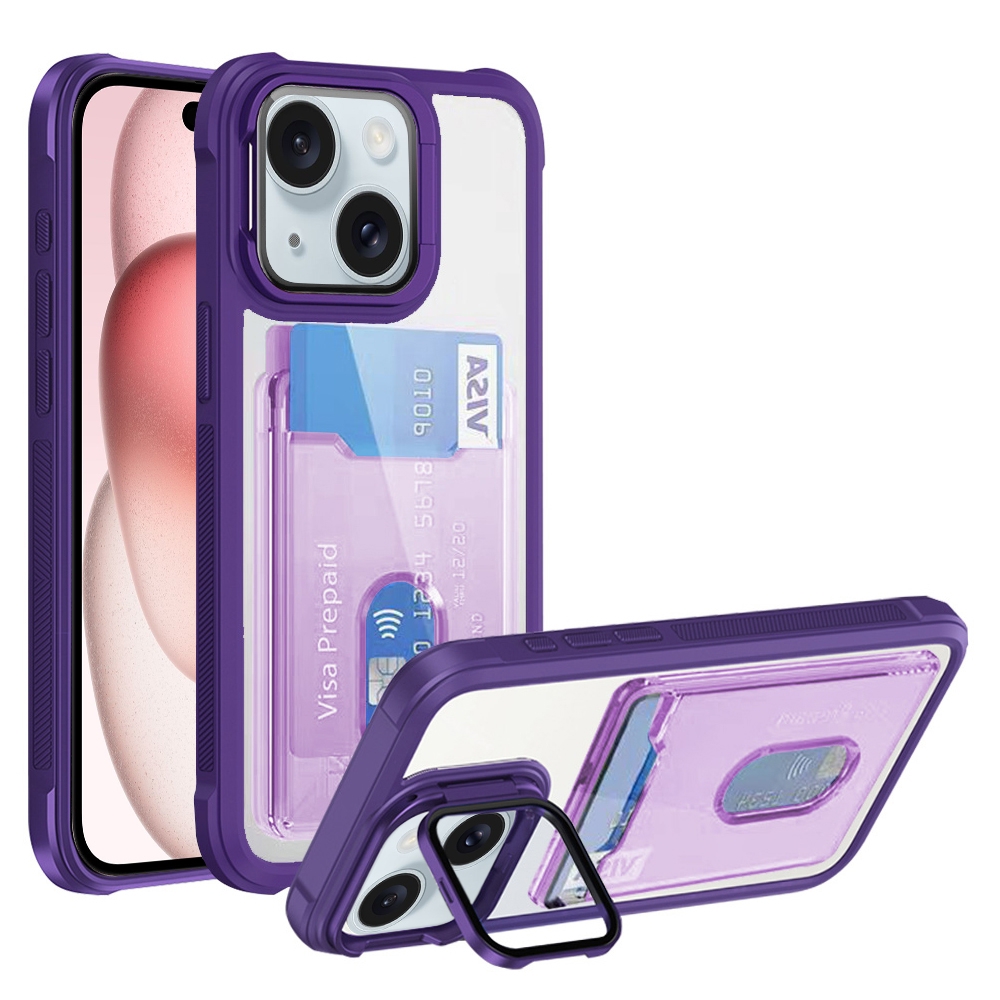 For iPhone 15 Card Bag Holder Acrylic Hybrid TPU Phone Case(Purple) - Shopkiz.com