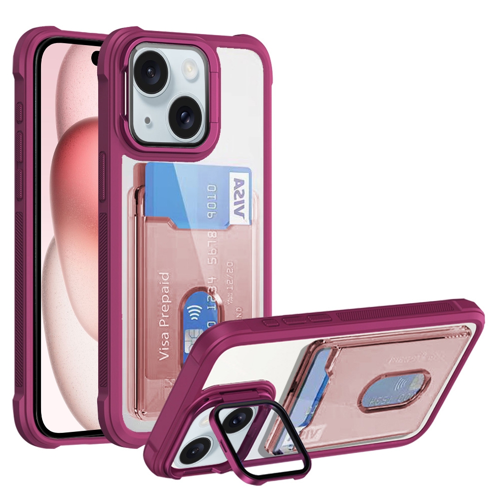 For iPhone 15 Plus Card Bag Holder Acrylic Hybrid TPU Phone Case(Red) - Shopkiz.com