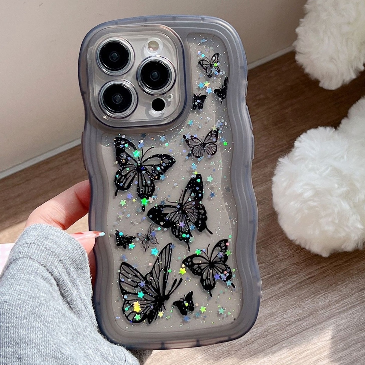 For iPhone 13 Pro Wave Edge Butterfly TPU Hybrid PC Phone Case(Black) - Shopkiz.com