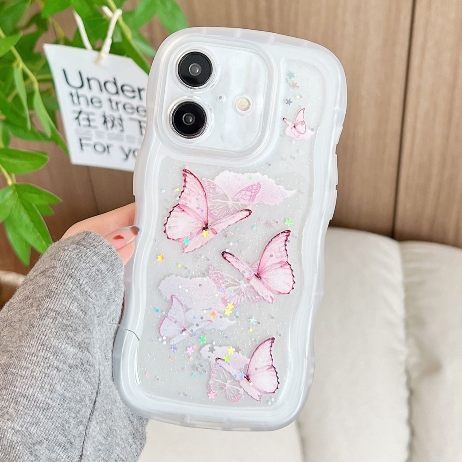 For iPhone 16 Plus Wave Edge Butterfly TPU Hybrid PC Phone Case(White) - Shopkiz.com