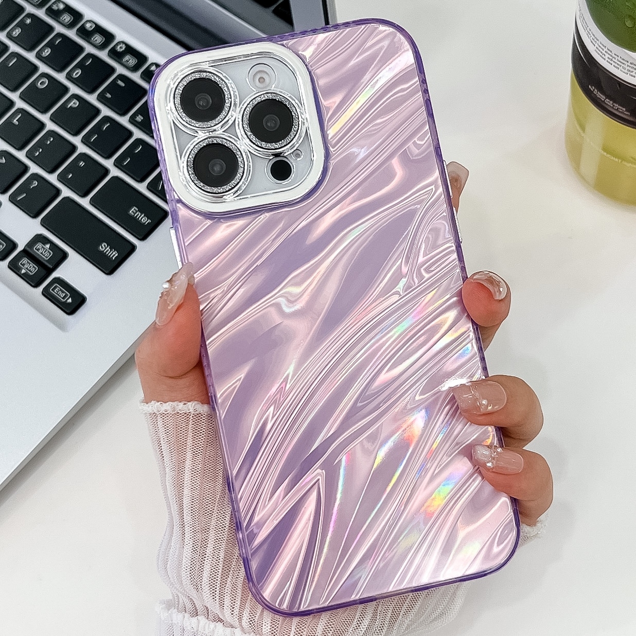 For iPhone 13 Plating Glitter Texture TPU Phone Case with Lens Film(Purple Water Ripples) - Shopkiz.com