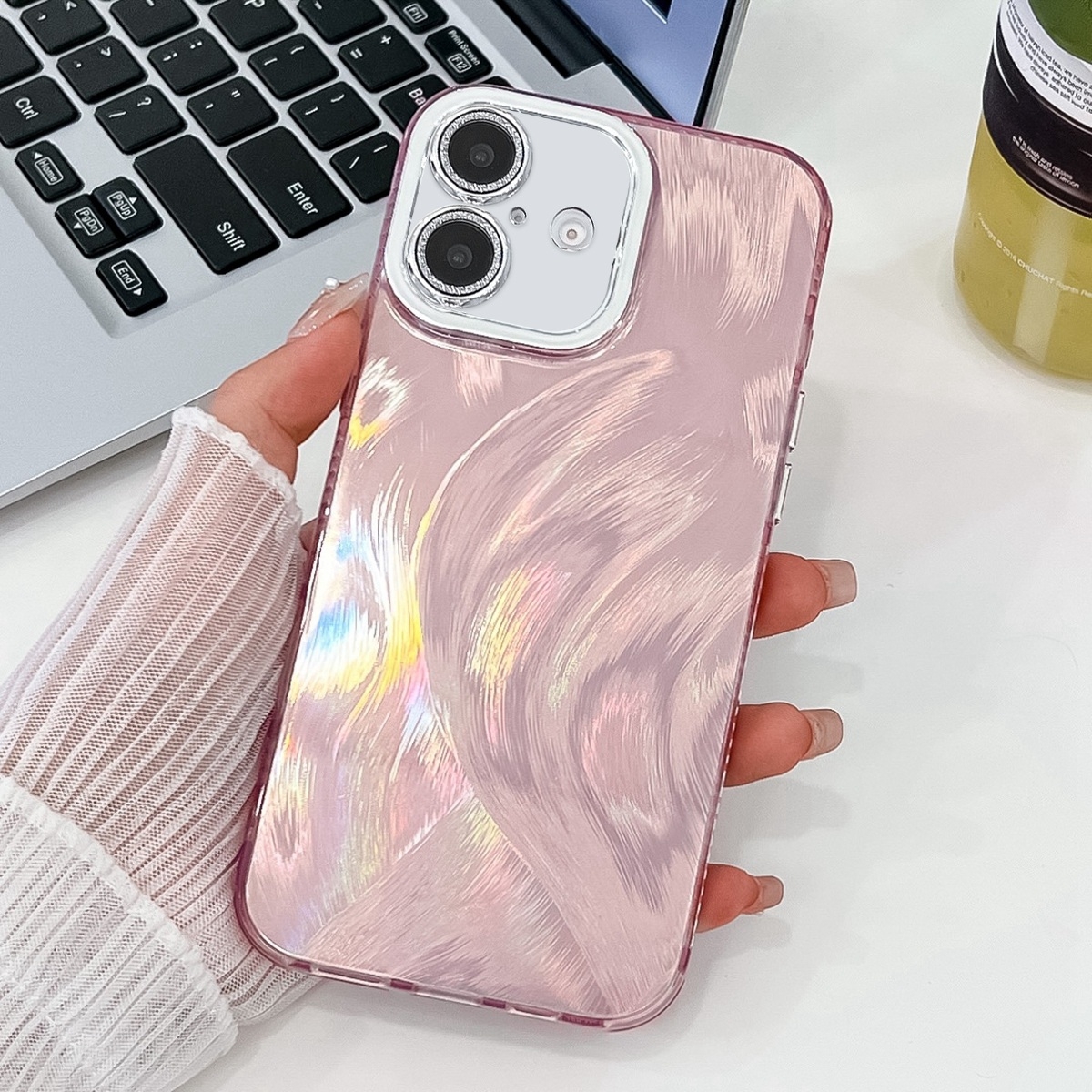 For iPhone 16 Plus Plating Glitter Texture TPU Phone Case with Lens Film(Pink Feather Yarn) - Shopkiz.com