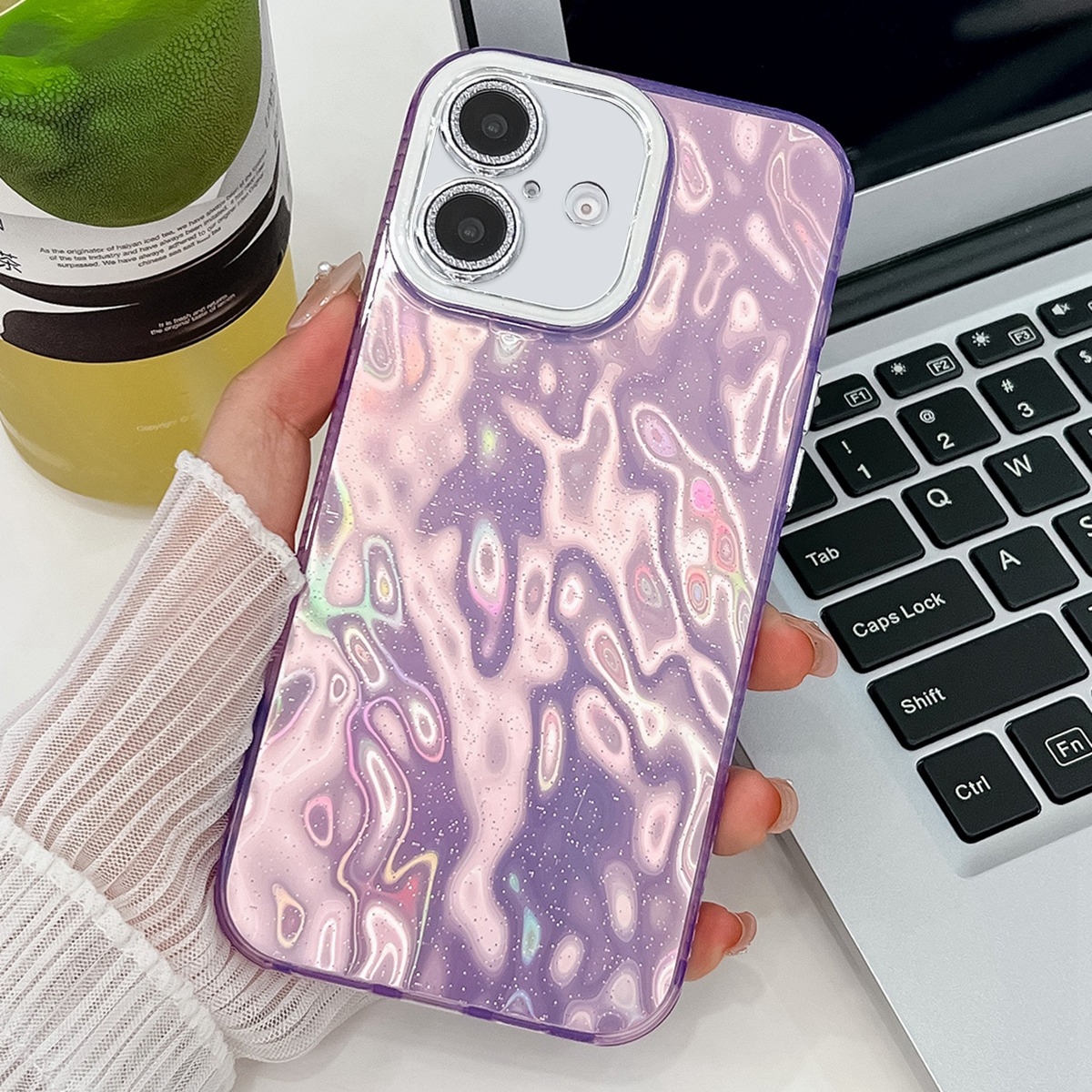For iPhone 16 Plus Plating Glitter Texture TPU Phone Case with Lens Film(Purple Wrinkles) - Shopkiz.com