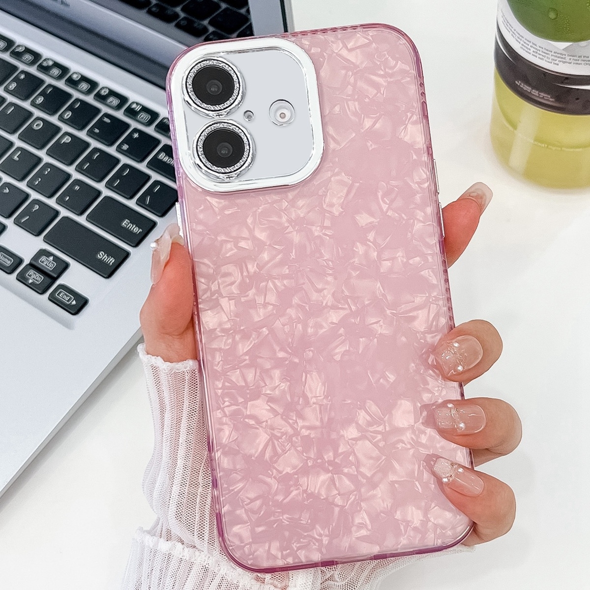 For iPhone 14 Plating Glitter Texture TPU Phone Case with Lens Film(Pink Shell Pattern) - Shopkiz.com