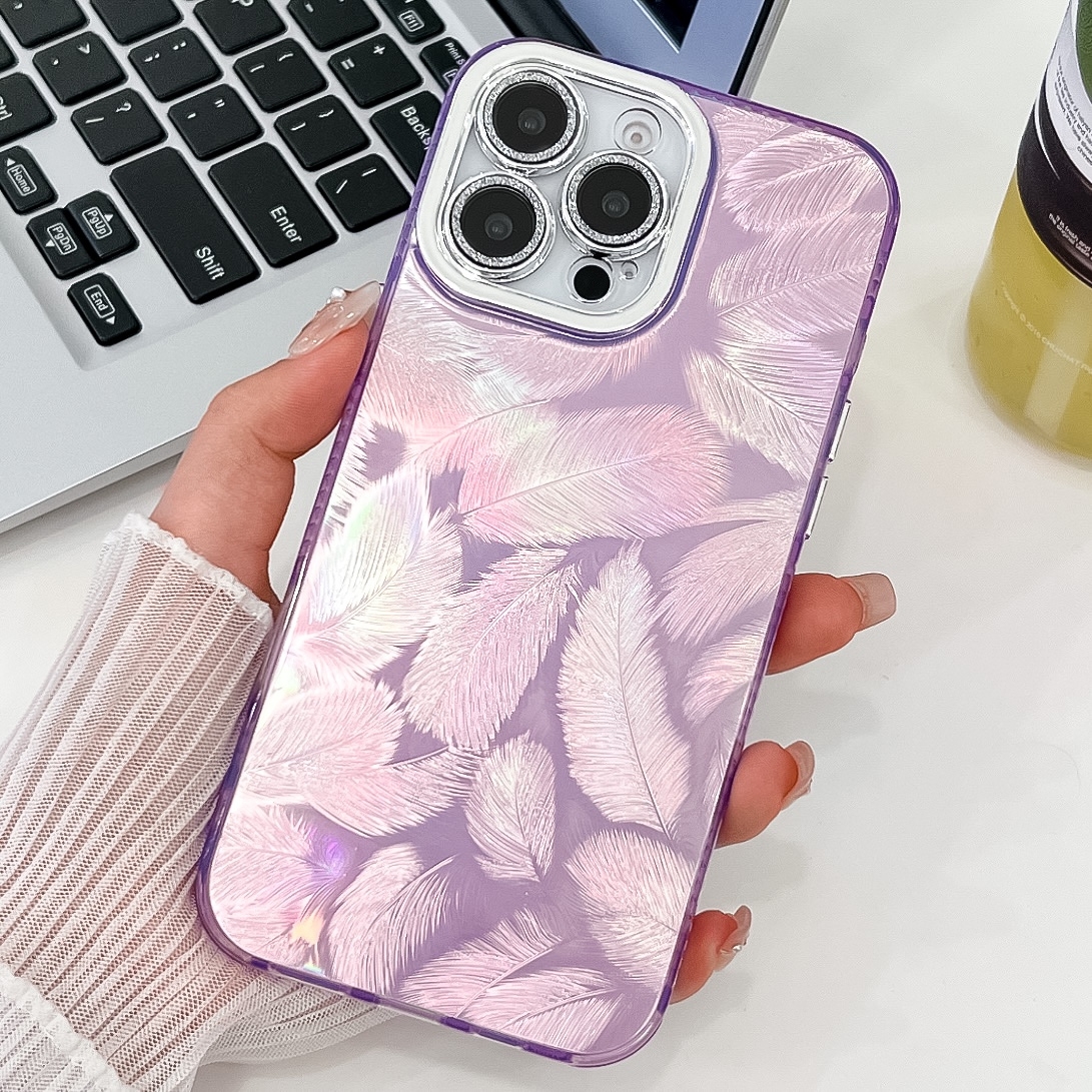 For iPhone 15 Pro Max Plating Glitter Texture TPU Phone Case with Lens Film(Purple Feathers) - Shopkiz.com