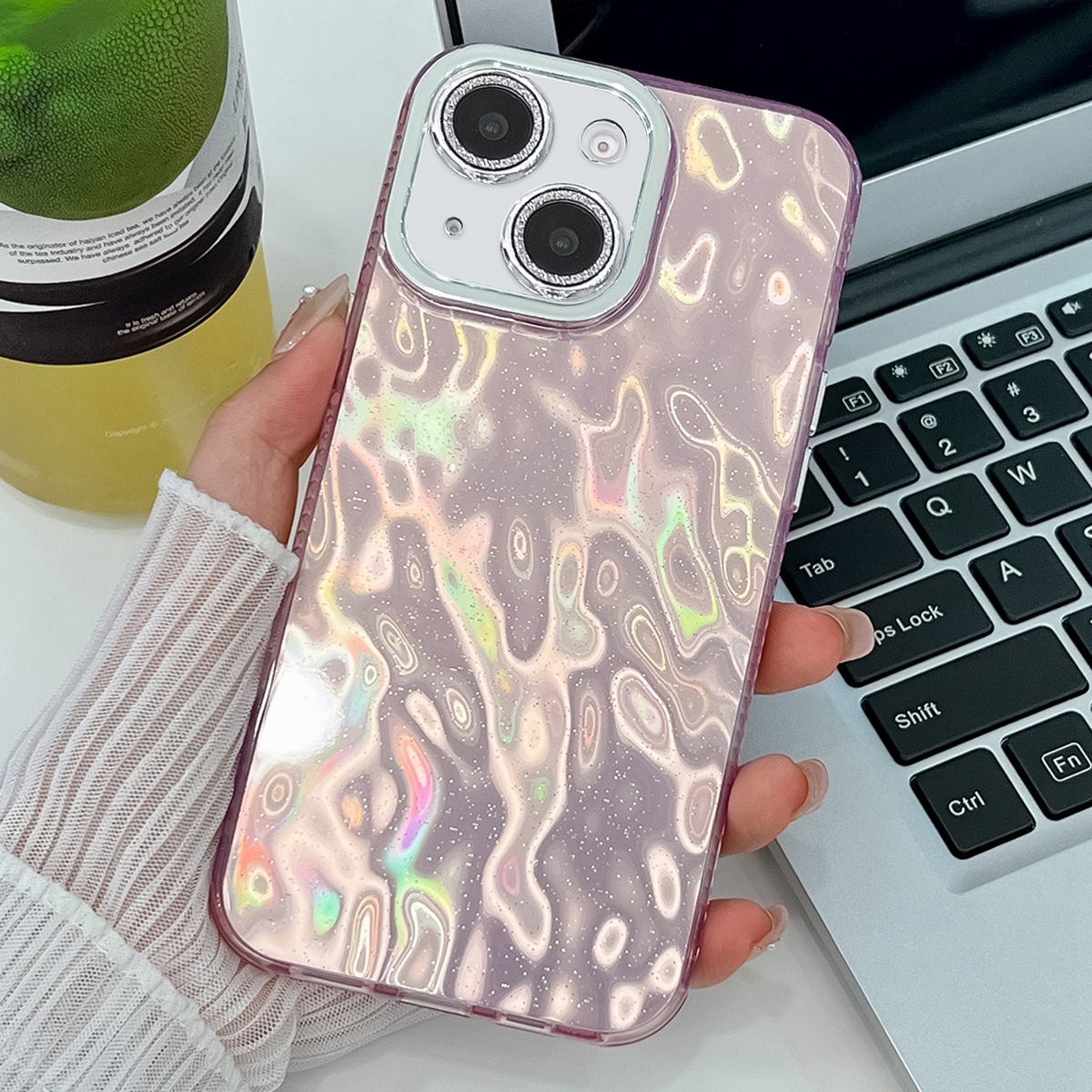 For iPhone 15 Plating Glitter Texture TPU Phone Case with Lens Film(Pink Wrinkles) - Shopkiz.com