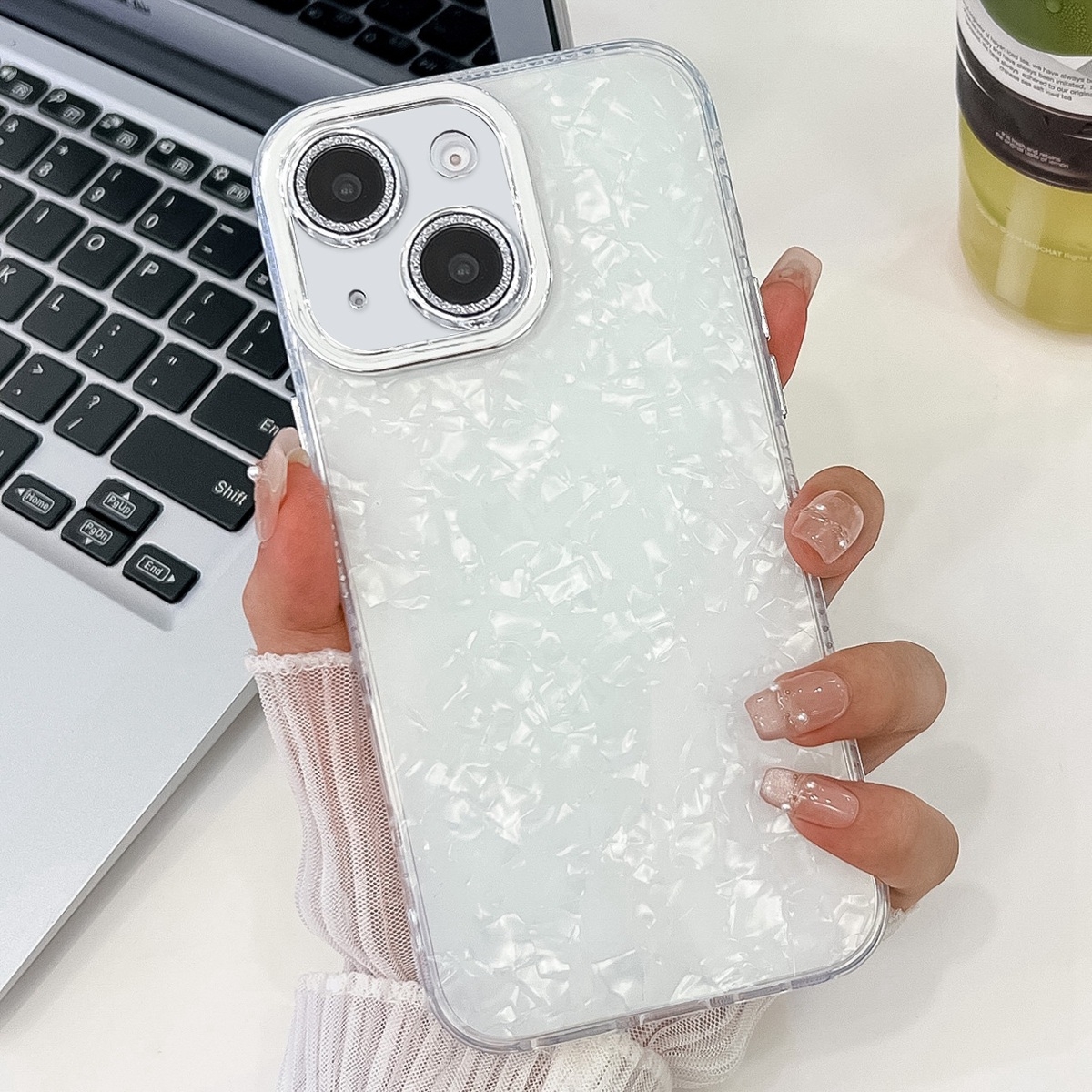 For iPhone 15 Pro Plating Glitter Texture TPU Phone Case with Lens Film(White Shell Grain) - Shopkiz.com