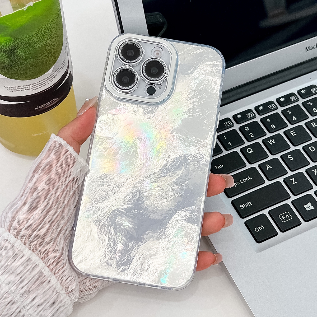 For iPhone 14 Pro Max Plating Glitter Texture TPU Phone Case with Lens Film(White Tinfoil Texture) - Shopkiz.com