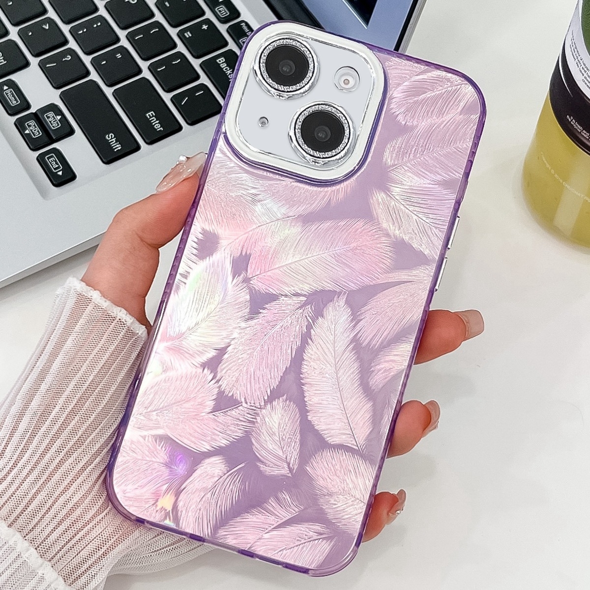 For iPhone 13 Plating Glitter Texture TPU Phone Case with Lens Film(Purple Feathers) - Shopkiz.com
