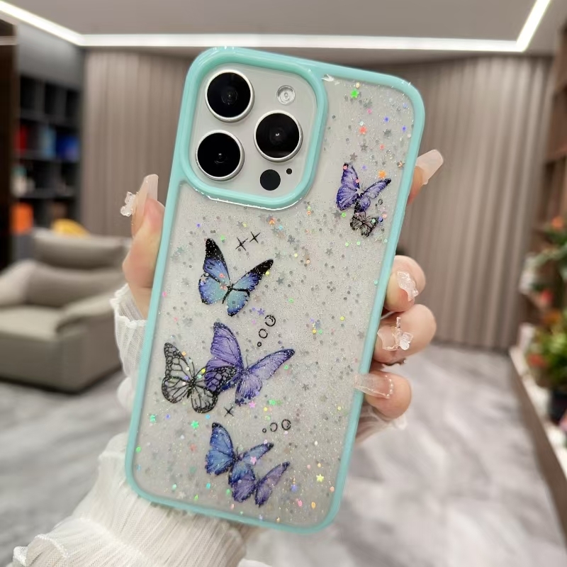 For iPhone 16 Pro Color Butterfly Glitter Epoxy TPU Phone Case(Green) - Shopkiz.com