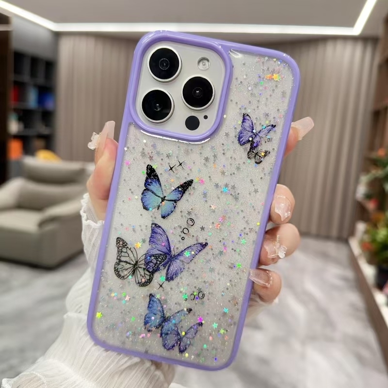 For iPhone 15 Pro Max Color Butterfly Glitter Epoxy TPU Phone Case(Purple) - Shopkiz.com