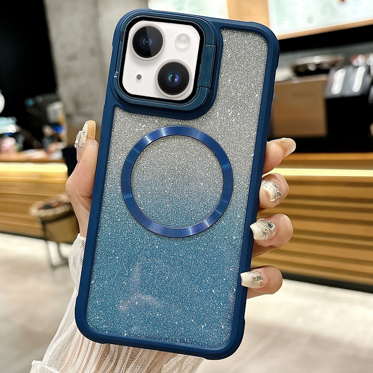 For iPhone 14 CD-grain Gradient Glitter Magsafe Acrylic Hybrid TPU Phone Case(Blue) - Shopkiz.com