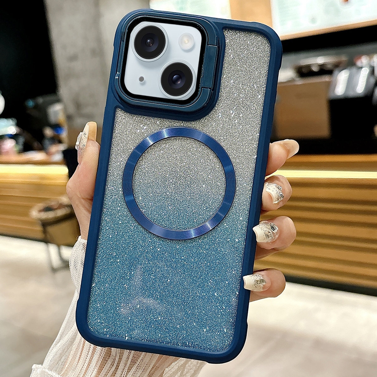 For iPhone 15 CD-grain Gradient Glitter Magsafe Acrylic Hybrid TPU Phone Case(Blue) - Shopkiz.com