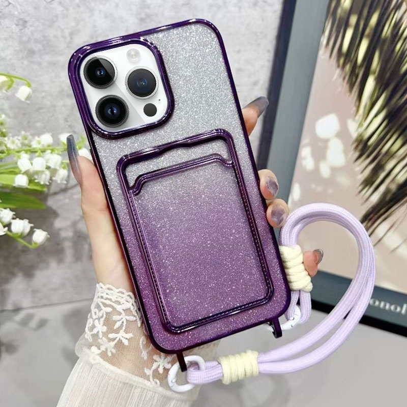 For iPhone 15 Pro Plating Gradient Glitter TPU Phone Case with Card Slot & Strap(Purple) - Shopkiz.com