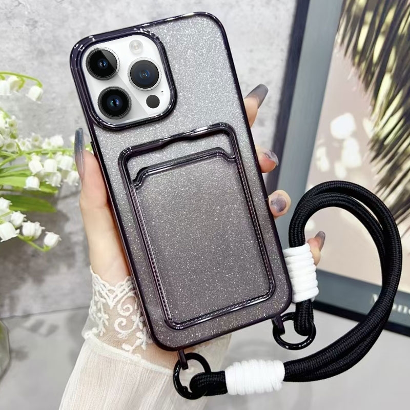 For iPhone 13 Pro Max Plating Gradient Glitter TPU Phone Case with Card Slot & Strap(Black) - Shopkiz.com