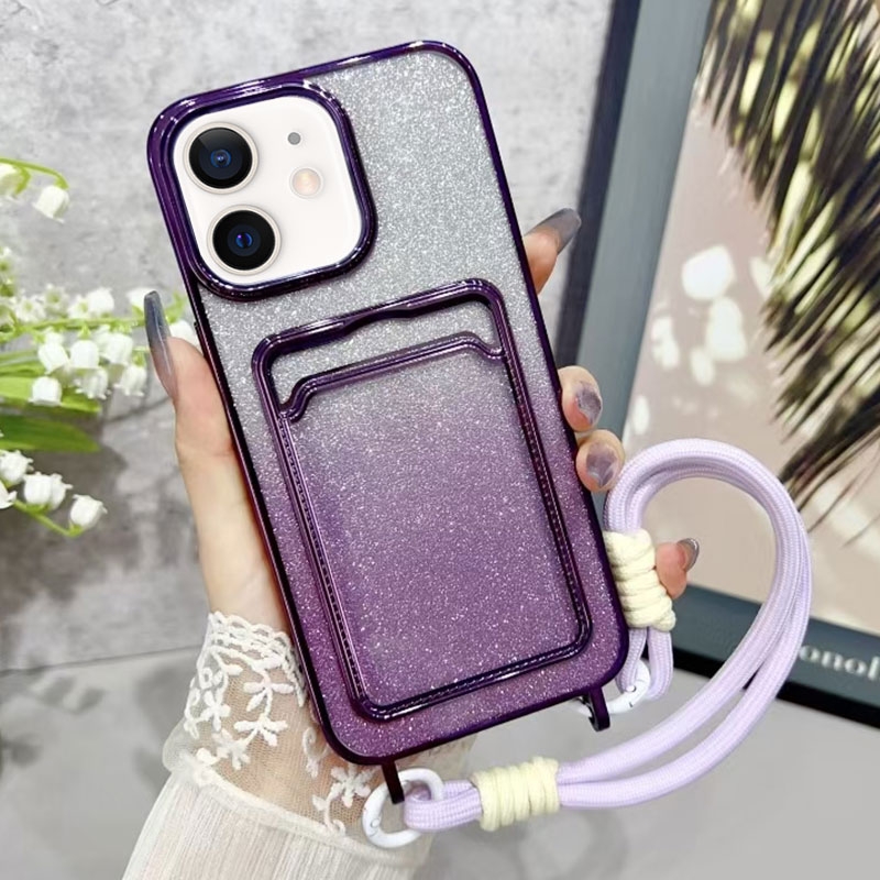 For iPhone 12/12 Pro Plating Gradient Glitter TPU Phone Case with Card Slot & Strap(Purple) - Shopkiz.com
