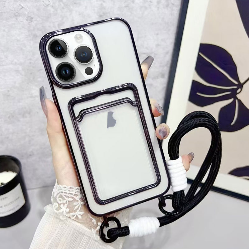 For iPhone 15 Pro Plating Clear TPU Phone Case with Card Slot & Strap(Black) - Shopkiz.com