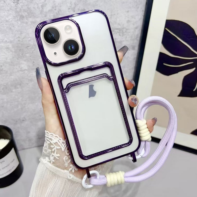 For iPhone 15 Plus Plating Clear TPU Phone Case with Card Slot & Strap(Purple) - Shopkiz.com