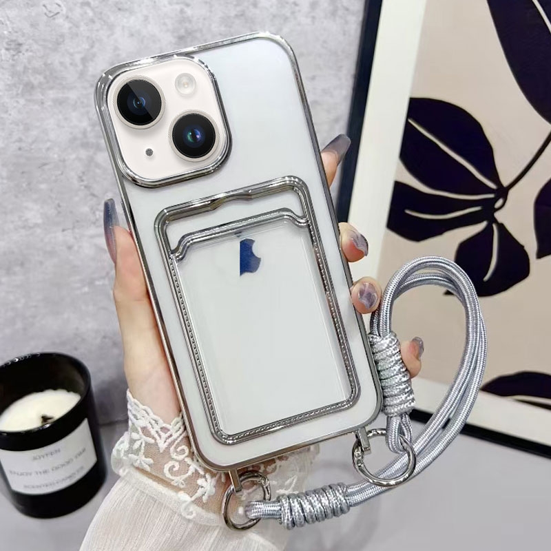 For iPhone 13 / 14 Plating Clear TPU Phone Case with Card Slot & Strap(Silver) - Shopkiz.com