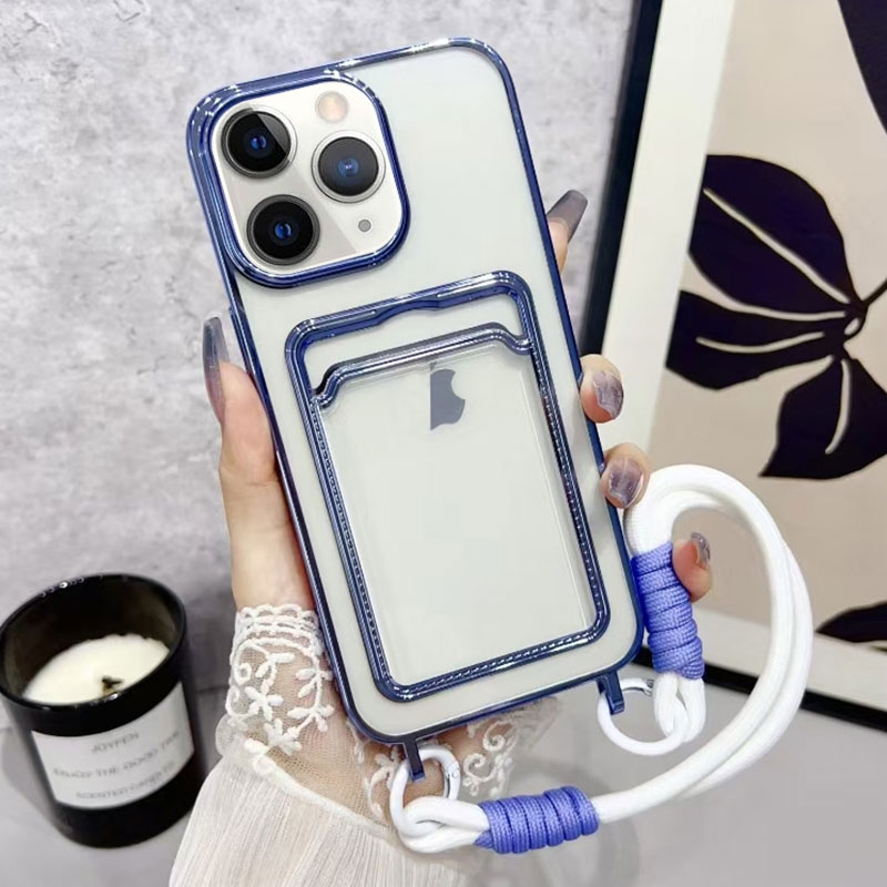 For iPhone 11 Pro Max Plating Clear TPU Phone Case with Card Slot & Strap(Blue) - Shopkiz.com