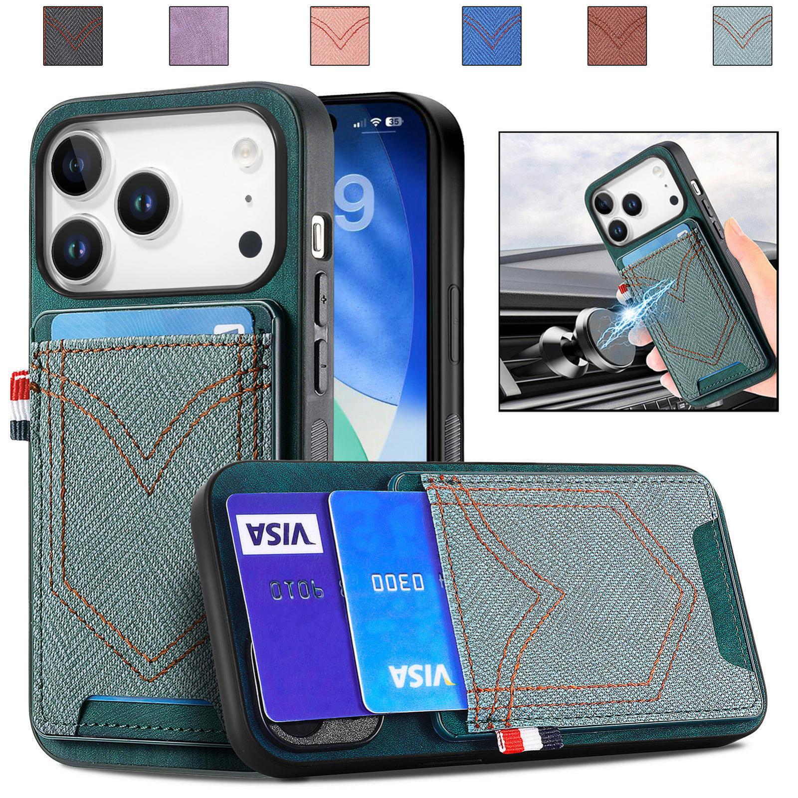 For iPhone 17 Pro Max Denim Texture Leather Skin Phone Case with Card Slot(Green) - Shopkiz.com