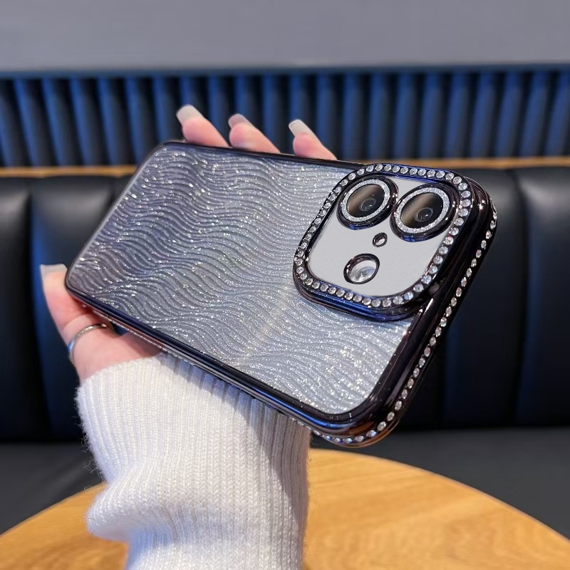 For iPhone 16 Diamond Water Ripple Gradient Glitter TPU Phone Case(Black) - Shopkiz.com