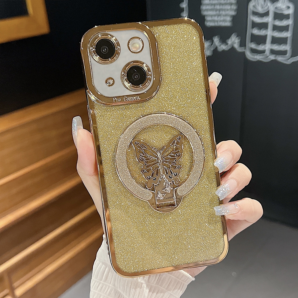 For iPhone 15 Plating Glitter Butterfly Holder Phone Case(Gold) - Shopkiz.com