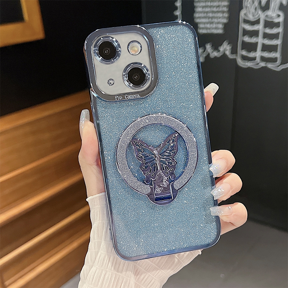 For iPhone 14 Plating Glitter Butterfly Holder Phone Case(Blue) - Shopkiz.com