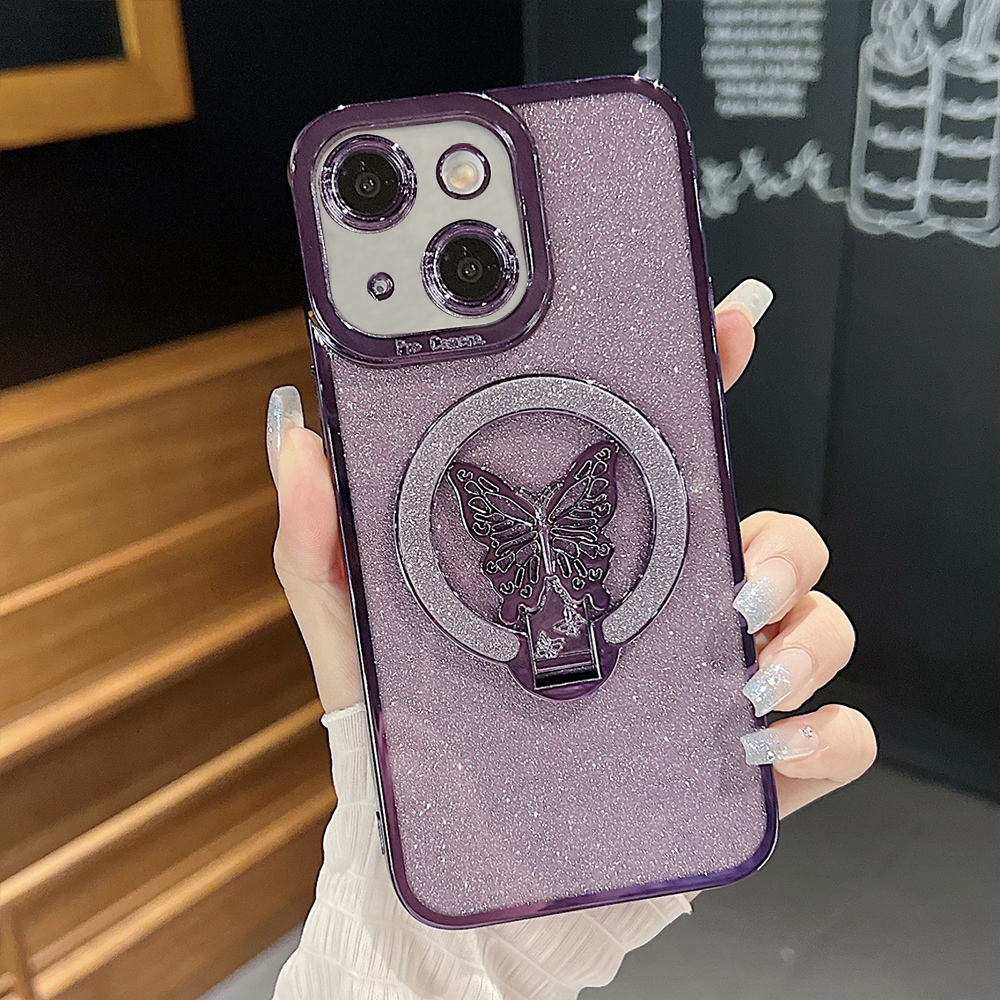 For iPhone 14 Plating Glitter Butterfly Holder Phone Case(Purple) - Shopkiz.com