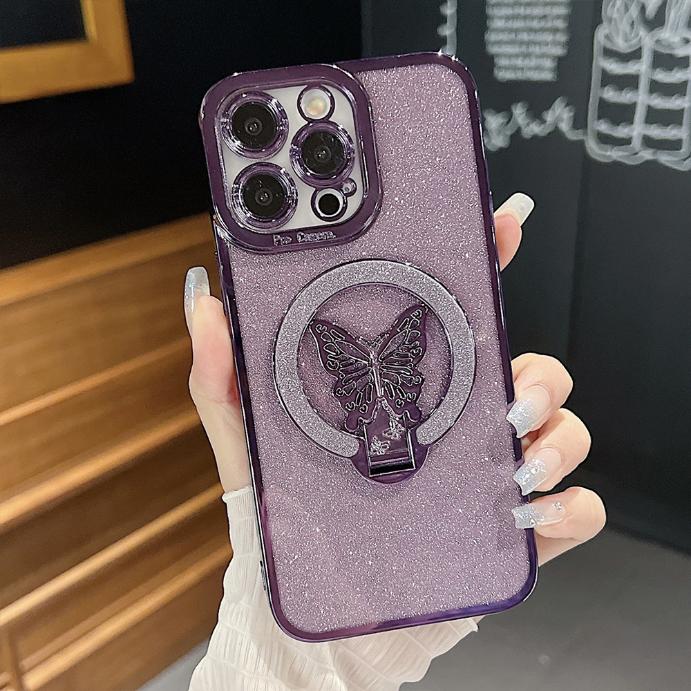 For iPhone 14 Pro Plating Glitter Butterfly Holder Phone Case(Purple) - Shopkiz.com