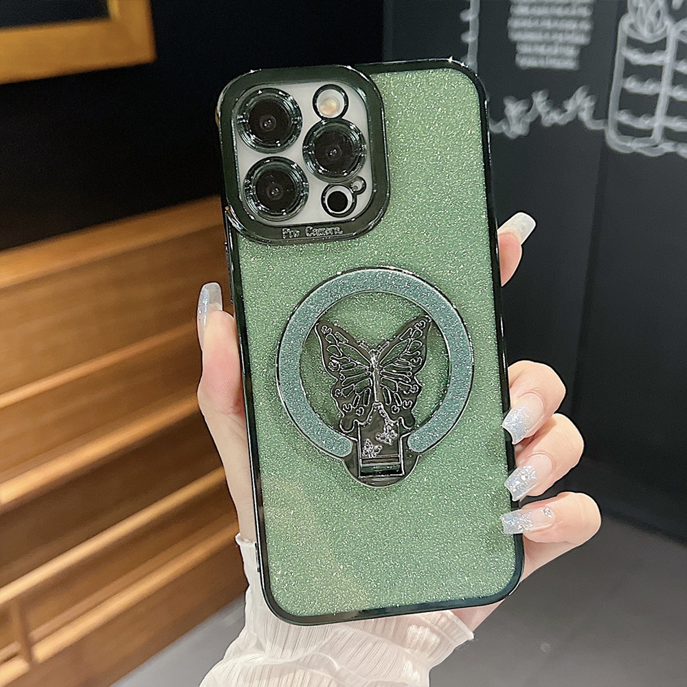 For iPhone 13 Pro Max Plating Glitter Butterfly Holder Phone Case(Green) - Shopkiz.com